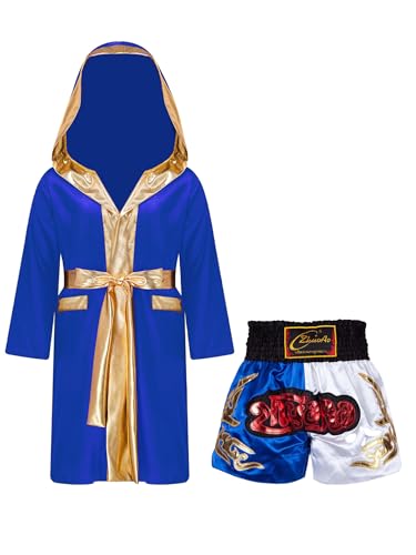 Fldy Boxen Kinder Outfit Boxing Shorts Boxmantel SetJungen Muay Thai Fight Shorts Und Satin Kapuzenmantel Blauz&Weiss 134-140 von Fldy