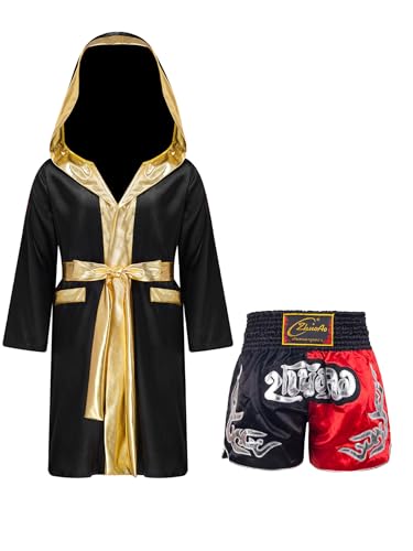 Fldy Boxen Kinder Outfit Boxing Shorts Boxmantel SetJungen Muay Thai Fight Shorts Und Satin Kapuzenmantel Schwarz&Rot 158-164 von Fldy