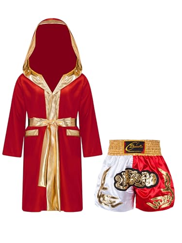 Fldy Boxen Kinder Outfit Boxing Shorts Boxmantel SetJungen Muay Thai Fight Shorts Und Satin Kapuzenmantel Weiß&Rot&Gold 170 von Fldy