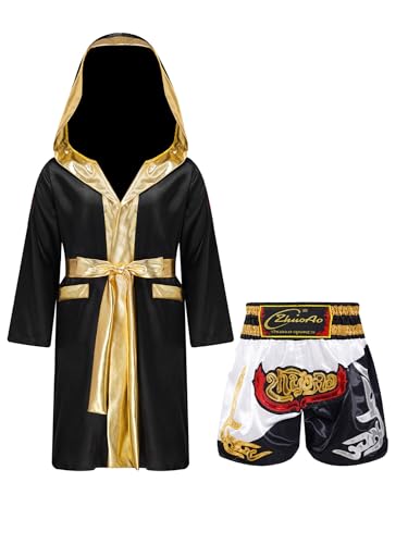 Fldy Boxen Kinder Outfit Boxing Shorts Boxmantel SetJungen Muay Thai Fight Shorts Und Satin Kapuzenmantel Weiß&Schwarz 134-140 von Fldy