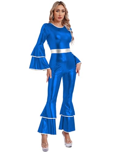 Fldy Damen 60er 70er Jahre Disco Kleidung Hippie Outfit Glitzer Overall Metallic Hose Mit Schlag Party Halloween Faschingskostüme Königsblau 3XL von Fldy