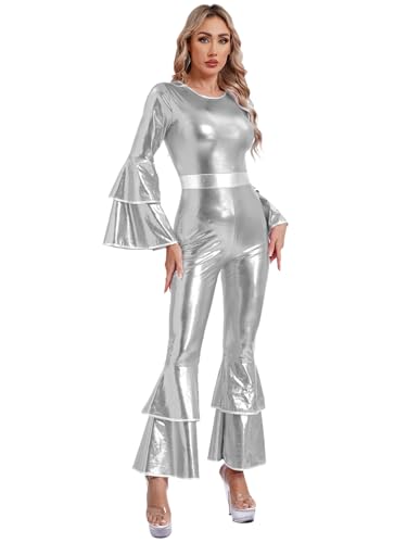 Fldy Damen 60er 70er Jahre Disco Kleidung Hippie Outfit Glitzer Overall Metallic Hose Mit Schlag Party Halloween Faschingskostüme Silber S von Fldy