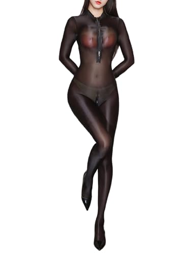 Fldy Damen Bodystocking Ölig Glänzend Ouvert Bodysuit Ultradünne Ganzköiper Strumpfhose Full Body Stockings Schwarz M von Fldy