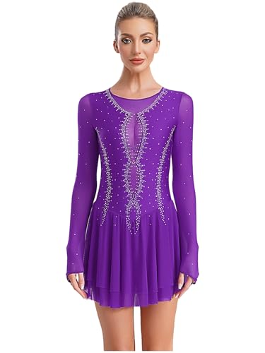 Fldy Damen Eiskunstlauf Kleid Glitzer Langarm Tanzkleid Trikot Mit Strass Mesh Patchwork Rhythmische Gymnastik Eislaufen Kostüm Violett XXL von Fldy