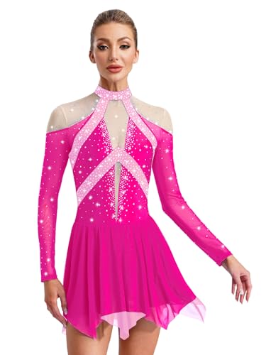 Fldy Damen Eiskunstlauf Kleid Langarm Glitzer Farbblock-Mesh-Patchwork Tanzkleid Mit Strass Eislaufen Rhythmische Gymnastik Tanzkostüm Hotpink M von Fldy