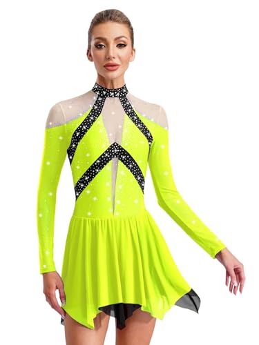 Fldy Damen Eiskunstlauf Kleid Langarm Glitzer Farbblock-Mesh-Patchwork Tanzkleid Mit Strass Eislaufen Rhythmische Gymnastik Tanzkostüm Neongelb XXL von Fldy