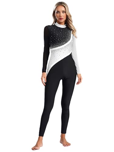 Fldy Damen Ganzkörper Turnanzug Langarm Glitzer Farbblock Patchwork Ganzkörperanzug Gymnastik Tanztrikot Mit Strass Eiskunstlauf Tanzkostüm Weiß XXL von Fldy