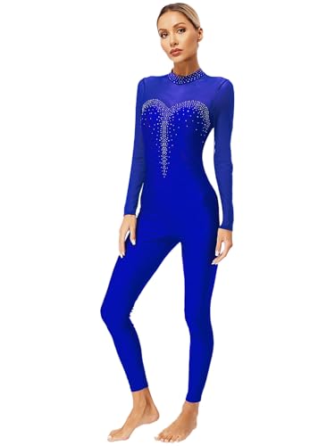 Fldy Damen Ganzkörper Turnanzug Langarm Mesh Patchwork Ganzkörperanzug Gymnastik Tanz Trikot Ballett Body Eislaufen Tanzkleidung Blau_B XL von Fldy