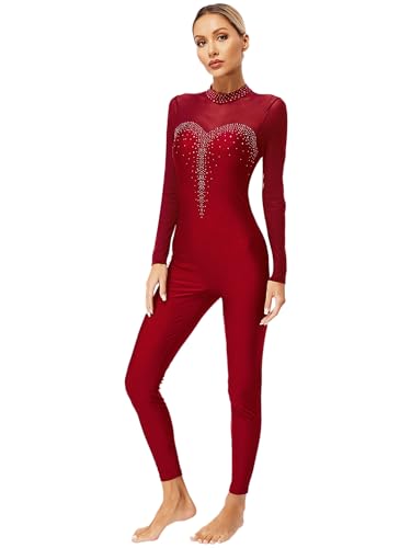 Fldy Damen Ganzkörper Turnanzug Langarm Mesh Patchwork Ganzkörperanzug Gymnastik Tanz Trikot Ballett Body Eislaufen Tanzkleidung Burgundy_B M von Fldy