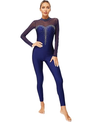 Fldy Damen Ganzkörper Turnanzug Langarm Mesh Patchwork Ganzkörperanzug Gymnastik Tanz Trikot Ballett Body Eislaufen Tanzkleidung Marineblau_B S von Fldy
