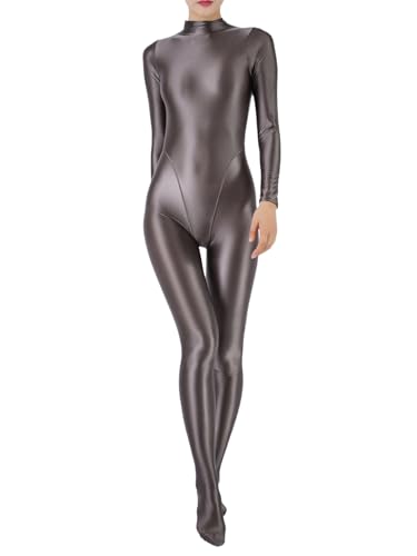 Fldy Damen Glänzend Jumpsuit Ganzkörperanzug Sport Bodysuit Yoga Overall Eng Einteiler Ganzkörper Kostüm Gymnastik Tanz Ballett Leotard Braun XXL von Fldy
