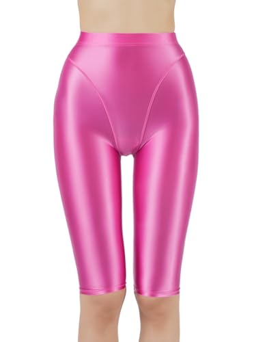 Fldy Damen Glänzende Kurze Leggings Stretch Metallic Glossy Sport Tights Yoga Workout Gym Shorts Tanz Yoga Pilates Kurze Hose High Waist Hellrosa-Rot XXL von Fldy