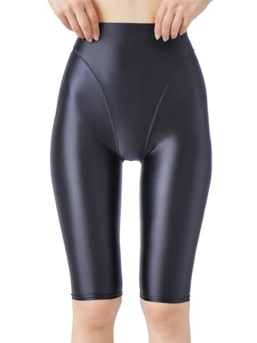 Fldy Damen Glänzende Kurze Leggings Stretch Metallic Glossy Sport Tights Yoga Workout Gym Shorts Tanz Yoga Pilates Kurze Hose High Waist Schwarz M von Fldy