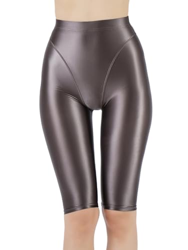Fldy Damen Glänzende Kurze Leggings Stretch Metallic Glossy Sport Tights Yoga Workout Gym Shorts Tanz Yoga Pilates Kurze Hose High Waist Umber XXL von Fldy