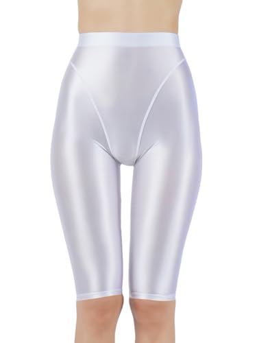 Fldy Damen Glänzende Kurze Leggings Stretch Metallic Glossy Sport Tights Yoga Workout Gym Shorts Tanz Yoga Pilates Kurze Hose High Waist Weiß XXL von Fldy