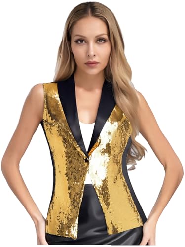 Fldy Damen Glitzer Weste Ärmellos V-Ausschnitt Pailletten Jacke Elegant Funkelnd Party Cocktail Club Gilet Top Gold L von Fldy