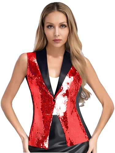 Fldy Damen Glitzer Weste Ärmellos V-Ausschnitt Pailletten Jacke Elegant Funkelnd Party Cocktail Club Gilet Top Rot L von Fldy