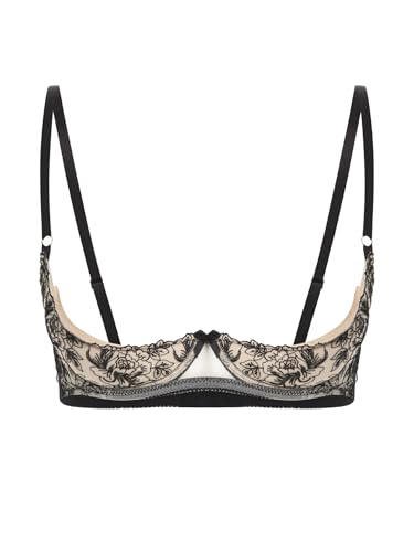 Fldy Damen Hebe BH Offene Brust Mit Bügel Spitze Bra 1/4 Cup BH Dessous Push Up Mit Abnehmbaren Pads Schwarz 3XL von Fldy
