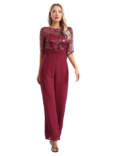 Fldy Damen Jumpsuit Elegant Festlich Hochzeit Overall Lang Glitzer Hosenanzug Kurzarm Mit Pailletten Blumen Party Abend Cocktail Outfit Burgundy XXL von Fldy