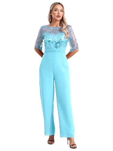 Fldy Damen Jumpsuit Elegant Festlich Hochzeit Overall Lang Glitzer Hosenanzug Kurzarm Mit Pailletten Blumen Party Abend Cocktail Outfit Hellblau S von Fldy