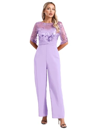 Fldy Damen Jumpsuit Elegant Festlich Hochzeit Overall Lang Glitzer Hosenanzug Kurzarm Mit Pailletten Blumen Party Abend Cocktail Outfit Lavendel M von Fldy
