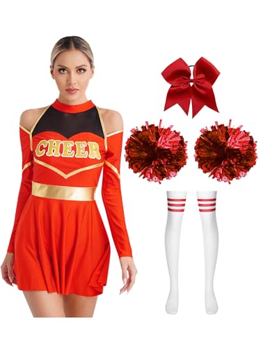 Fldy Damen Kostüm Cheer Leader Kleid Pompons Socken Haargummi Halloween Karnevalskostüme High School Party Tanz Set Rot&Breit-Pompons S von Fldy
