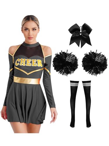 Fldy Damen Kostüm Cheer Leader Kleid Pompons Socken Haargummi Halloween Karnevalskostüme High School Party Tanz Set Schwarz&Schwarz-Socken L von Fldy
