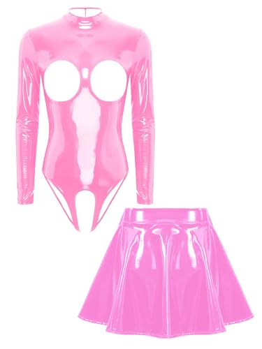 Fldy Damen Lack Und Leder Outfit Wetlook Dessous Ouvert Catsuit Brustfreier Body Leder Mini Faltenrock Set Erotische Wäsche Rosa XXL von Fldy