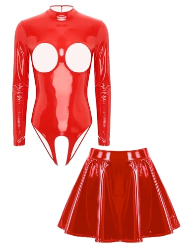 Fldy Damen Lack Und Leder Outfit Wetlook Dessous Ouvert Catsuit Brustfreier Body Leder Mini Faltenrock Set Erotische Wäsche Rot XXL von Fldy
