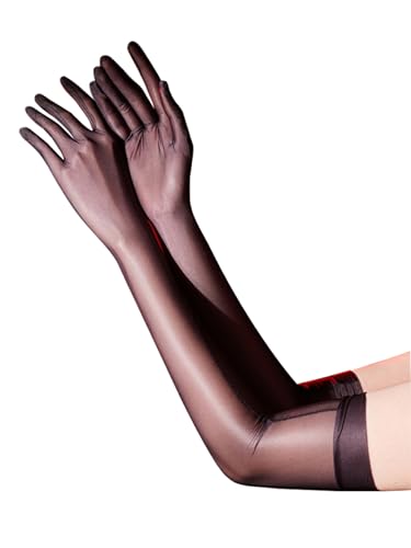 Fldy Damen Lang Handschuhe Glänzende Nylon Handschuhe Transparent Glatte Seidig-Glanz Armelstulpen Für Oper Hochzeit Brautparty Abschlussball Schwarz_A L von Fldy