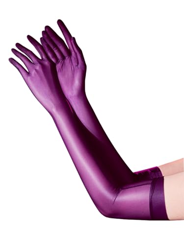 Fldy Damen Lang Handschuhe Glänzende Nylon Handschuhe Transparent Glatte Seidig-Glanz Armelstulpen Für Oper Hochzeit Brautparty Abschlussball Violett_A M von Fldy