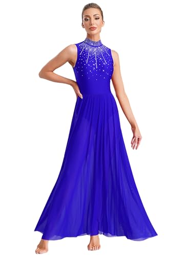 Fldy Damen Lyrischer Tanzkleider Lang Glitzer Ballettkleid Ärmelloses Trikot Swing Maxirock Contemporary Zeitgenössisches Tanzkostüm Blau M von Fldy