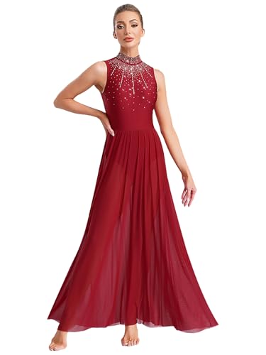 Fldy Damen Lyrischer Tanzkleider Lang Glitzer Ballettkleid Ärmelloses Trikot Swing Maxirock Contemporary Zeitgenössisches Tanzkostüm Burgundy L von Fldy
