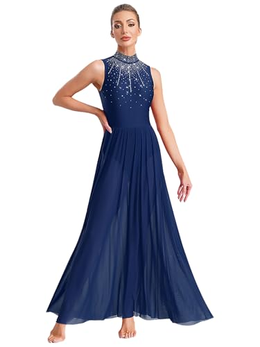 Fldy Damen Lyrischer Tanzkleider Lang Glitzer Ballettkleid Ärmelloses Trikot Swing Maxirock Contemporary Zeitgenössisches Tanzkostüm Marineblau M von Fldy