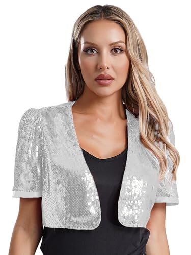 Fldy Damen Pailletten Jacke Bolero Festlich Elegant Kurzarm Schulterjacke Open Front Cardigan Glitzer Abend Party Jacke Top Silber 3XL von Fldy
