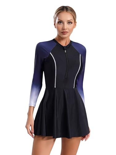Fldy Damen Rashguard Badeanzug Langarm Schwimmkleid Mit Innenhose Halbreißverschluss Einteilige UV Schutz Surf Schwimmbekleidung Strandmode Violett M von Fldy