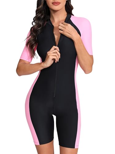 Fldy Damen Surf Sport Badeanzug Mit Bein Einteiler Schwimmanzug Kurzarm Bademode UV-Schutz Badebekleidung Schwimmbekleidung Pink&Schwarz S von Fldy