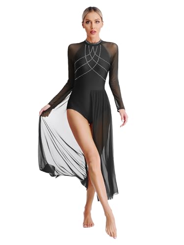 Fldy Damen Tanzkleid Lang Lyrisches Latin Walzer Ballsaal Kleid Langarm Ballett Tanztrikot mit Swing Mesh Rock Zeitgenössische Tanzkostüme Schwarz_A S von Fldy
