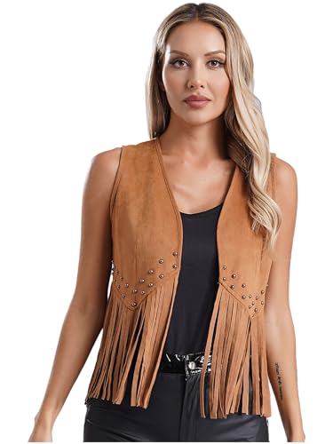 Fldy Damen Wildleder Fransen Weste Western Cowgirl Hippie Fransen Weste Nieten Lederweste 70er Jahre Hippie-Kostüme Kleidung Braun S von Fldy