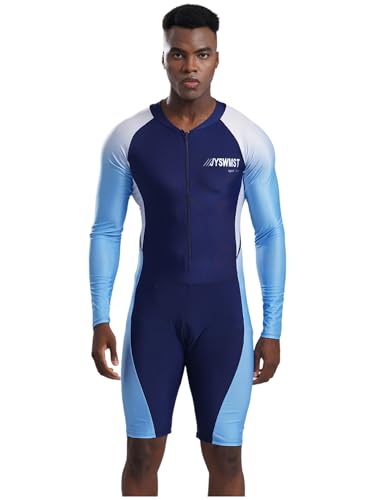 Fldy Herren Badeanzug Einteiler Langarm Schwimmanzug Sonnenschutz Shorty Surfanzug Ganzkörper Badekleidung Mit Frontreißverschluss Blau 3XL von Fldy