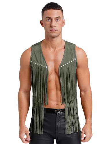 Fldy Herren Cowboy Weste Ärmellos Wildleder Weste Fransen Indianer Weste Retro Boho Hippie Outfit Festival Karneval Kostüm Armeegrün XL von Fldy