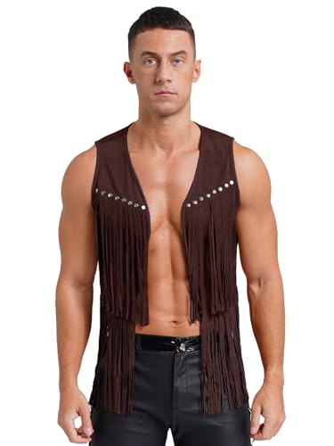 Fldy Herren Cowboy Weste Ärmellos Wildleder Weste Fransen Indianer Weste Retro Boho Hippie Outfit Festival Karneval Kostüm Khaki M von Fldy