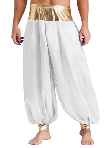Fldy Herren Haremshose Araber Prinz Arabischer Kostüm Fasching Karneval Kostüm Männer Sport Yoga Hippie Hose Weiß 4XL von Fldy