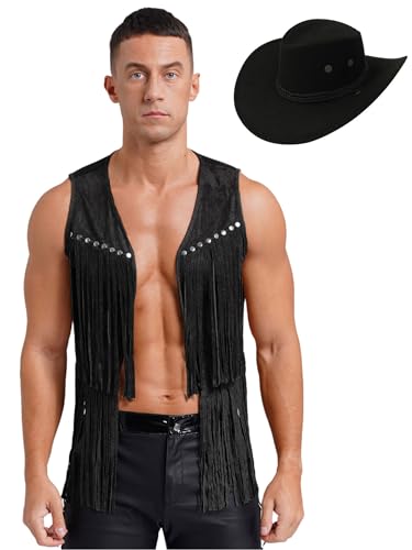 Fldy Herren Kostüm Cowboy Weste Hut Set Hippie Accessoires Fransen Wildleder Weste Lederhut Sheriff Ranger Rodeo Rollenspiel Faschingskostüm Schwarz XL von Fldy