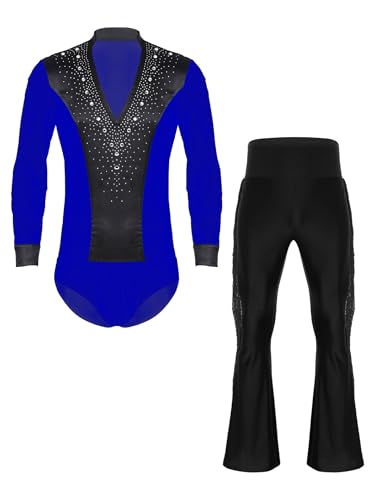 Fldy Herren Latein Standard Tanz Kostüm Hemd Hose Set Strass Hemdbody Schlaghose Wettbewerb Performance Modern Dancewear Blau&Schwarz M von Fldy