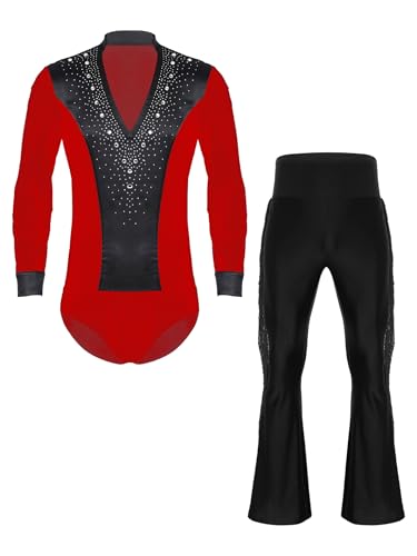 Fldy Herren Latein Standard Tanz Kostüm Hemd Hose Set Strass Hemdbody Schlaghose Wettbewerb Performance Modern Dancewear Rot&Schwarz M von Fldy