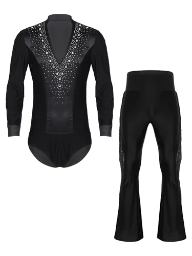 Fldy Herren Latein Standard Tanz Kostüm Hemd Hose Set Strass Hemdbody Schlaghose Wettbewerb Performance Modern Dancewear Schwarz L von Fldy