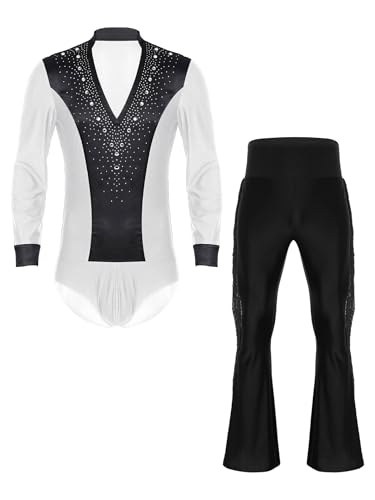 Fldy Herren Latein Standard Tanz Kostüm Hemd Hose Set Strass Hemdbody Schlaghose Wettbewerb Performance Modern Dancewear Weiß&Schwarz M von Fldy