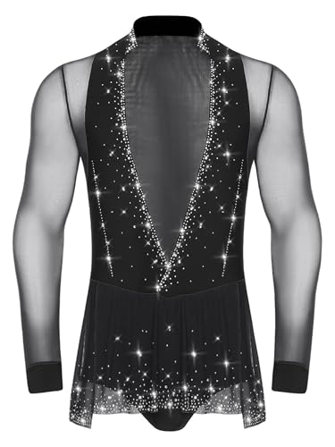 Fldy Herren Latein Tanz Hemd Body Langarm Glitzer Strass Mesh Bodysuit Mit Rüschen Jazz Ballsaal Tanzkostüm Leotard Schwarz L von Fldy