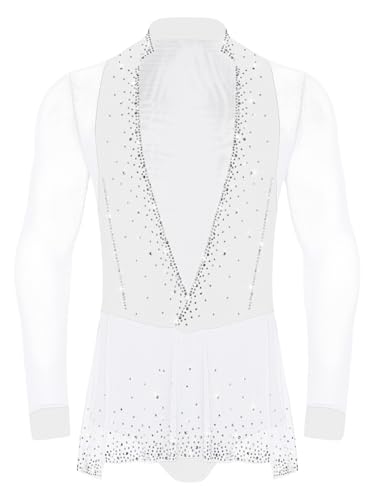 Fldy Herren Latein Tanz Hemd Body Langarm Glitzer Strass Mesh Bodysuit Mit Rüschen Jazz Ballsaal Tanzkostüm Leotard Weiß XL von Fldy